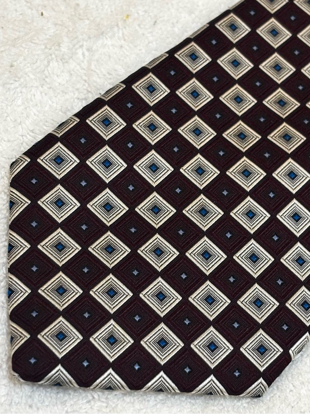 Jos. A. Bank Burgundy Silk Tie with Cream and Blue Geometric Squares